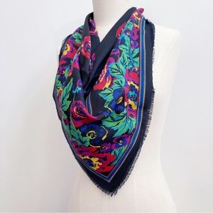 Vintage Challis Black Purple Pink Square Scarf 30” Polyester Made in Italy